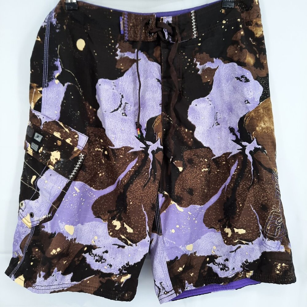 Quiksilver Camo Board Shorts Men's 32 Purple Brown Grunge Logo Swim Trunks